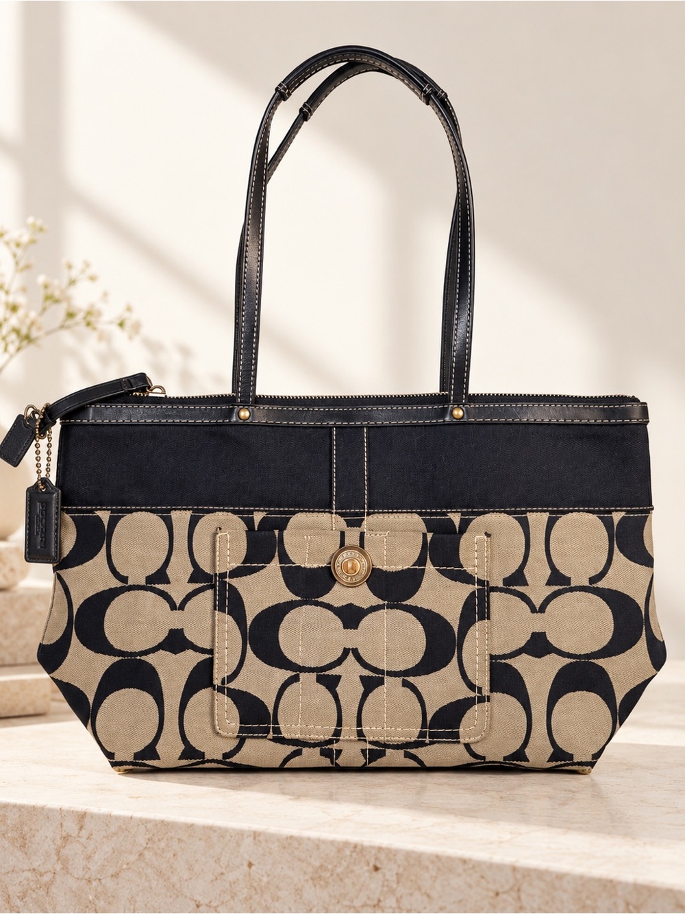 Coach Signature C Canvas Tote Bag Black Khaki Vintage Y2K